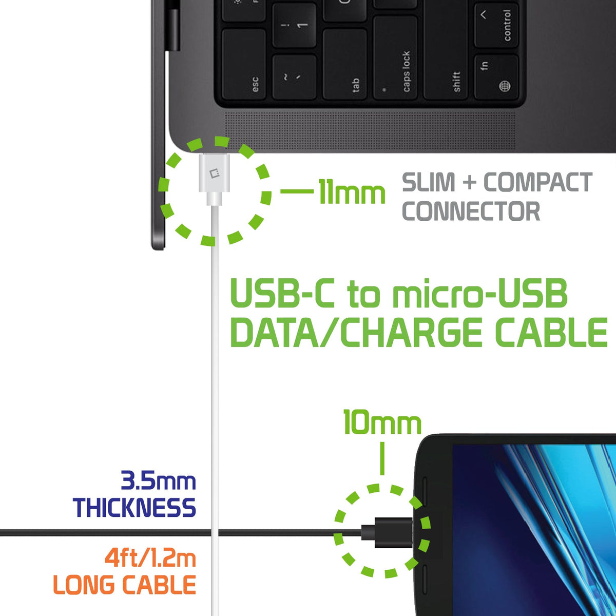 DCMICRO4WT - Cellet Micro-USB to Reversible USB-C Cable  - 1-Black + 1-White