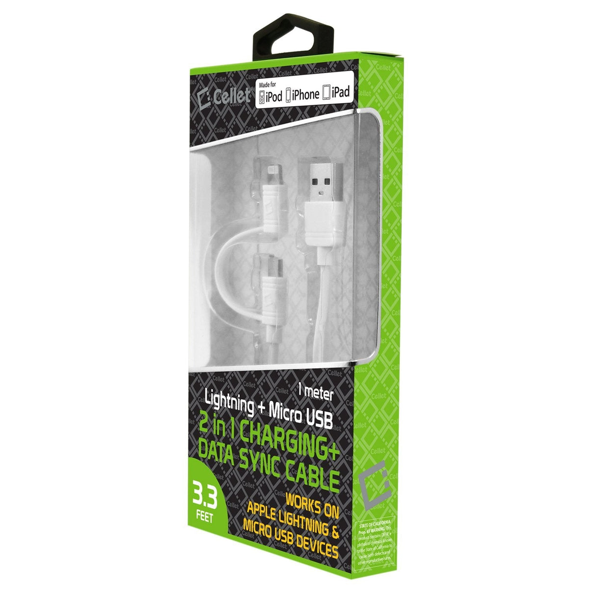 DAAPP5TKWT - Cellet 2-in-1 Charging & Data Sync Cable – 3.3FT Micro USB & Apple Lightning Connector – MFi Certified for iPhone, iPad, iPod & Android Devices