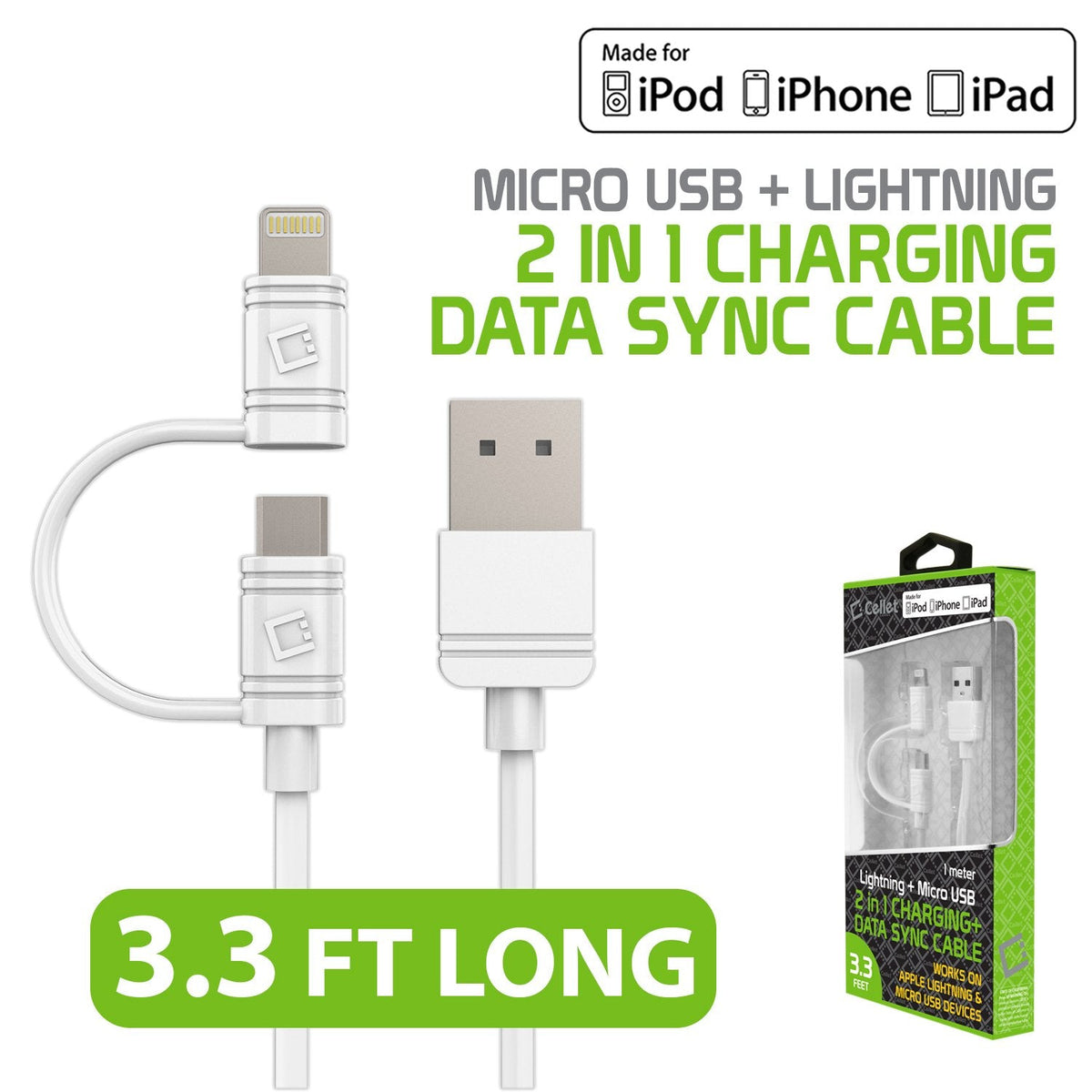 DAAPP5TKWT - Cellet 2-in-1 Charging & Data Sync Cable – 3.3FT Micro USB & Apple Lightning Connector – MFi Certified for iPhone, iPad, iPod & Android Devices