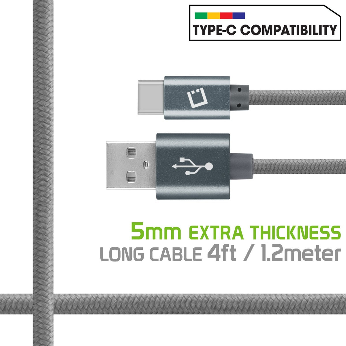 DCA420GY - USB-C Cable, Cellet 4ft (1.2m) Heavy Duty Nylon Braided USB-C to USB-A for HTC 10, LG G5, Nexus 5X/6P, LG V20, Samsung Galaxy Note 7 - Gray