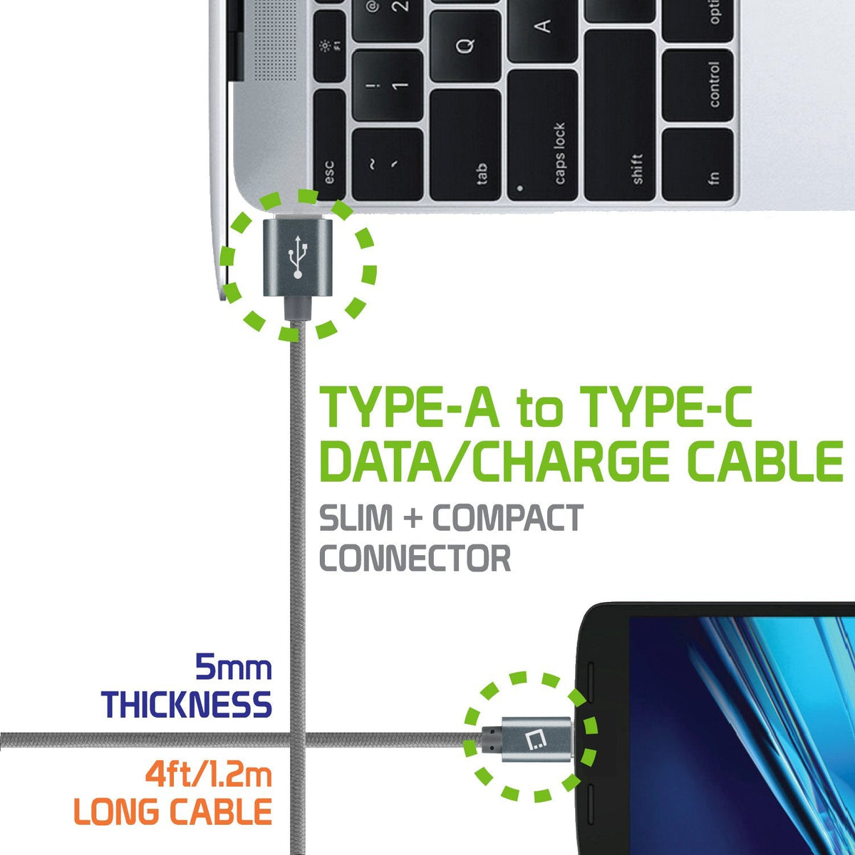 DCA420GY - USB-C Cable, Cellet 4ft (1.2m) Heavy Duty Nylon Braided USB-C to USB-A for HTC 10, LG G5, Nexus 5X/6P, LG V20, Samsung Galaxy Note 7 - Gray