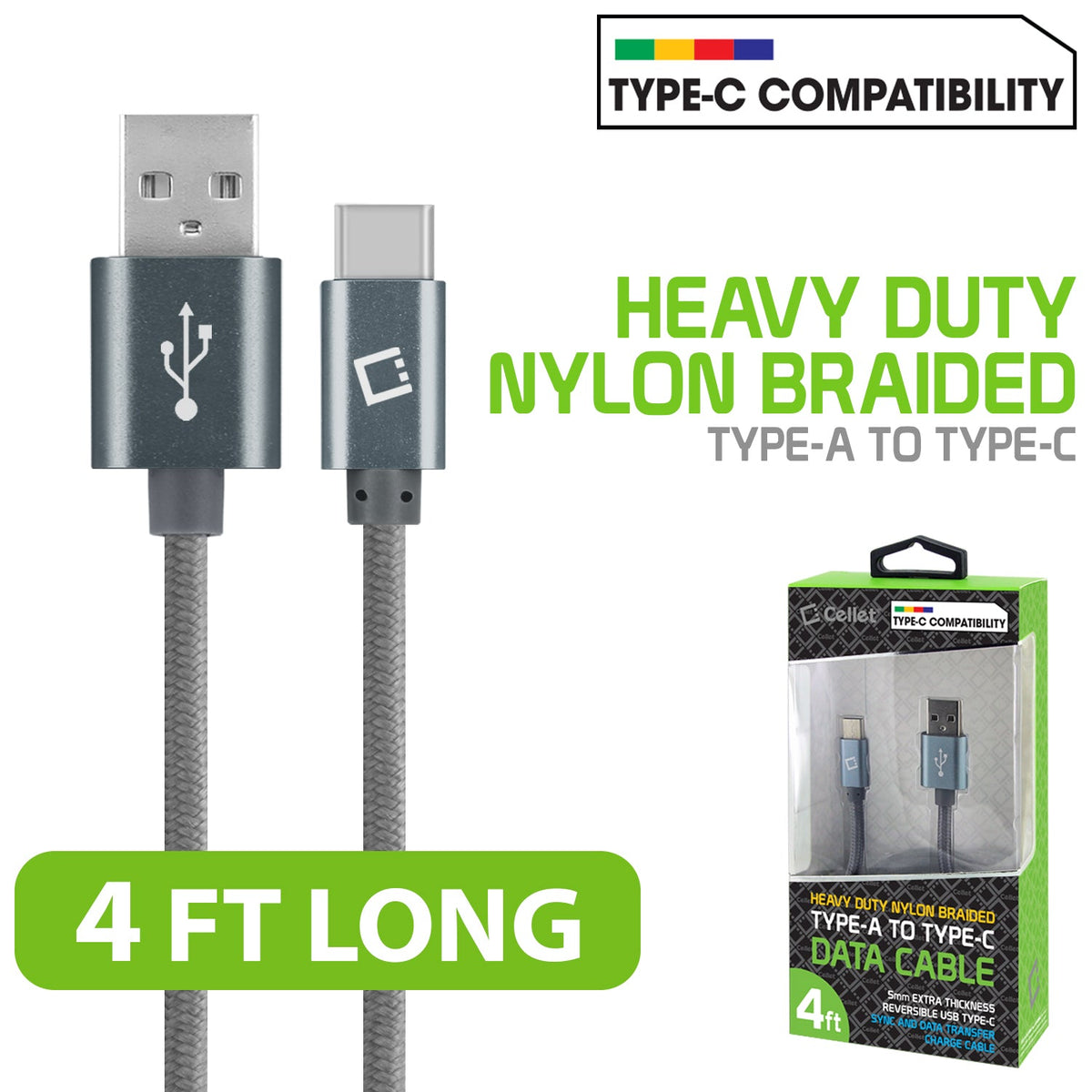 DCA420GY - USB-C Cable, Cellet 4ft (1.2m) Heavy Duty Nylon Braided USB-C to USB-A for HTC 10, LG G5, Nexus 5X/6P, LG V20, Samsung Galaxy Note 7 - Gray