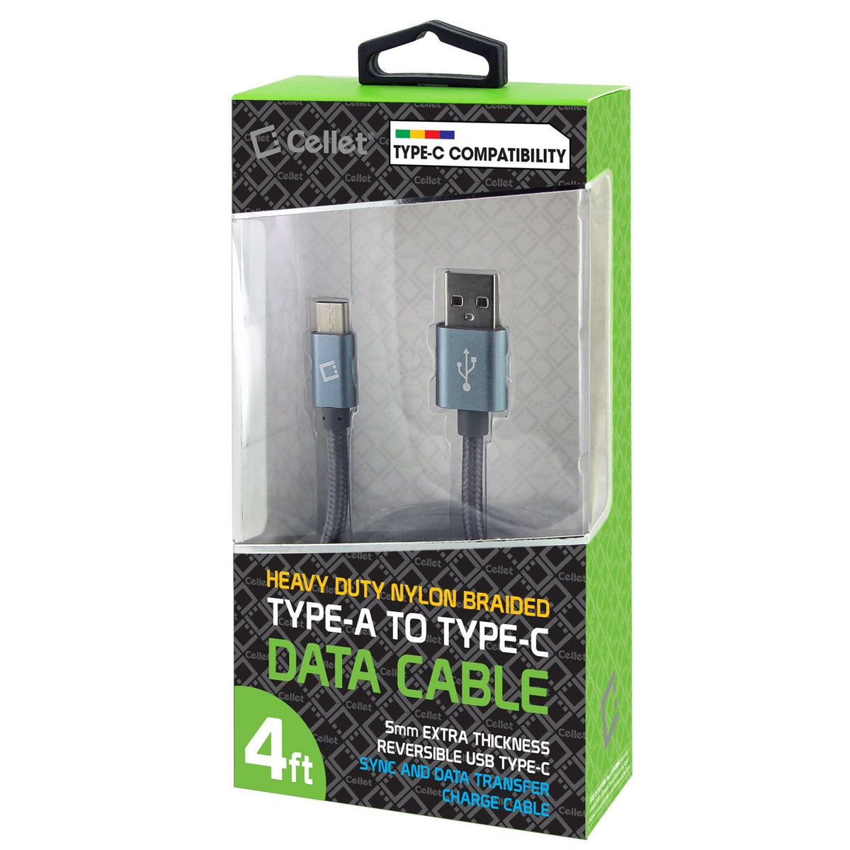 DCA420GY - USB-C Cable, Cellet 4ft (1.2m) Heavy Duty Nylon Braided USB-C to USB-A for HTC 10, LG G5, Nexus 5X/6P, LG V20, Samsung Galaxy Note 7 - Gray