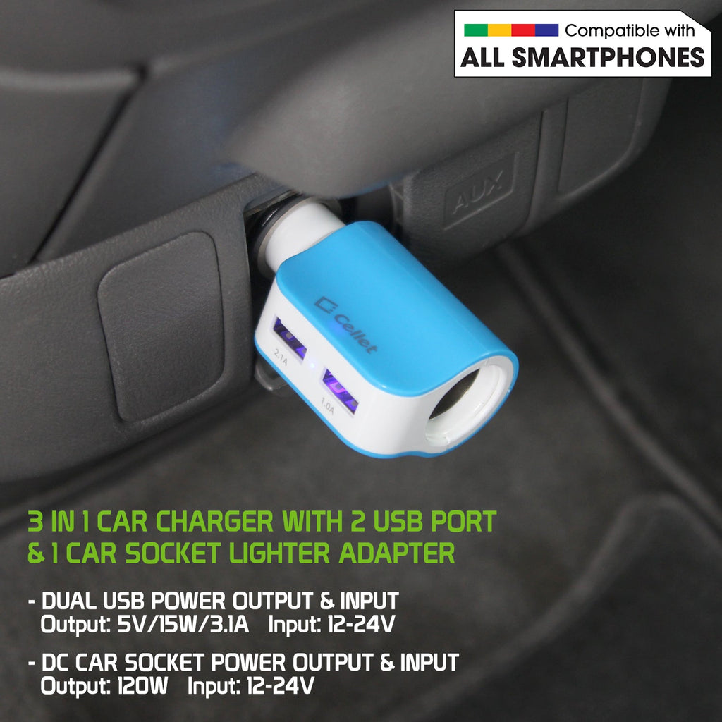 PUSBDC2BL - Cellet 15W 3.1A Dual USB Car Charger Adapter with Cigarette Lighter Socket – 2 USB Ports (2.1A & 1.0A), Blue LED Power Indicator, Universal Compatibility