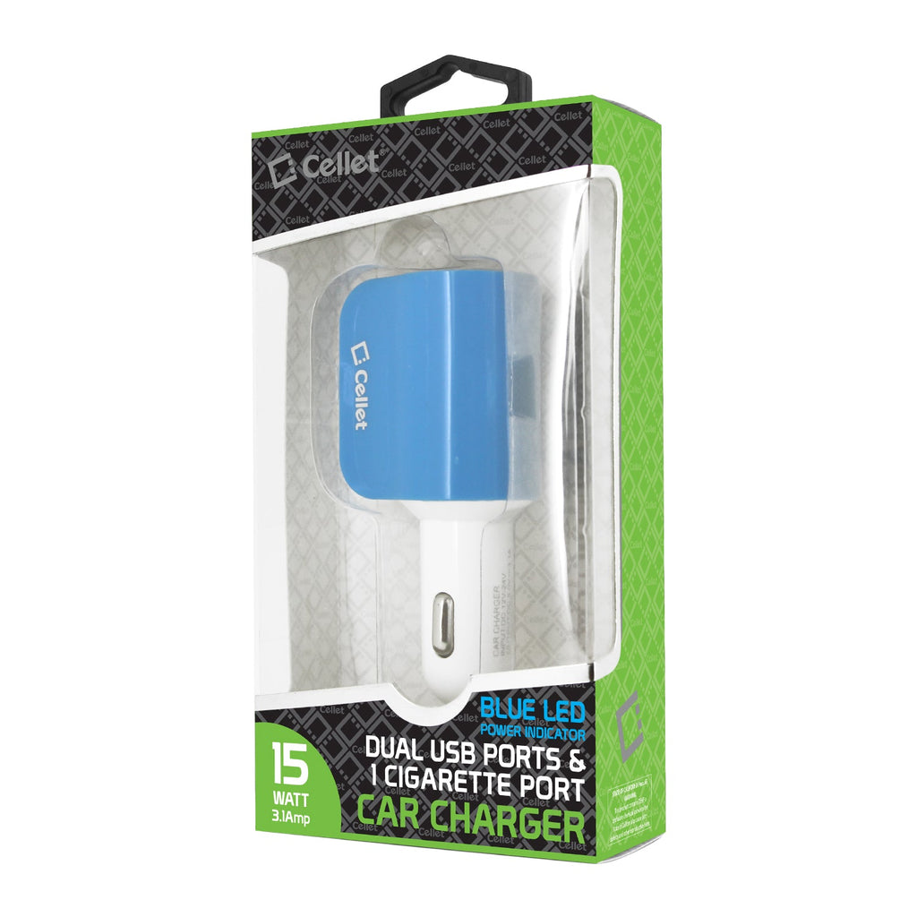 PUSBDC2BL - Cellet 15W 3.1A Dual USB Car Charger Adapter with Cigarette Lighter Socket – 2 USB Ports (2.1A & 1.0A), Blue LED Power Indicator, Universal Compatibility
