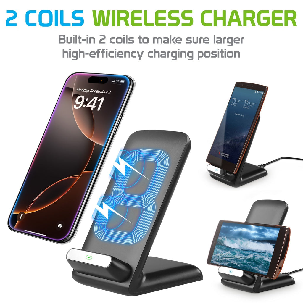 QI700 - 2 Coil Qi Wireless Charger (10Watt/2.1Amp), Wireless Charging Stand for All Wireless (Qi) Enabled Devices – by Cellet - Black