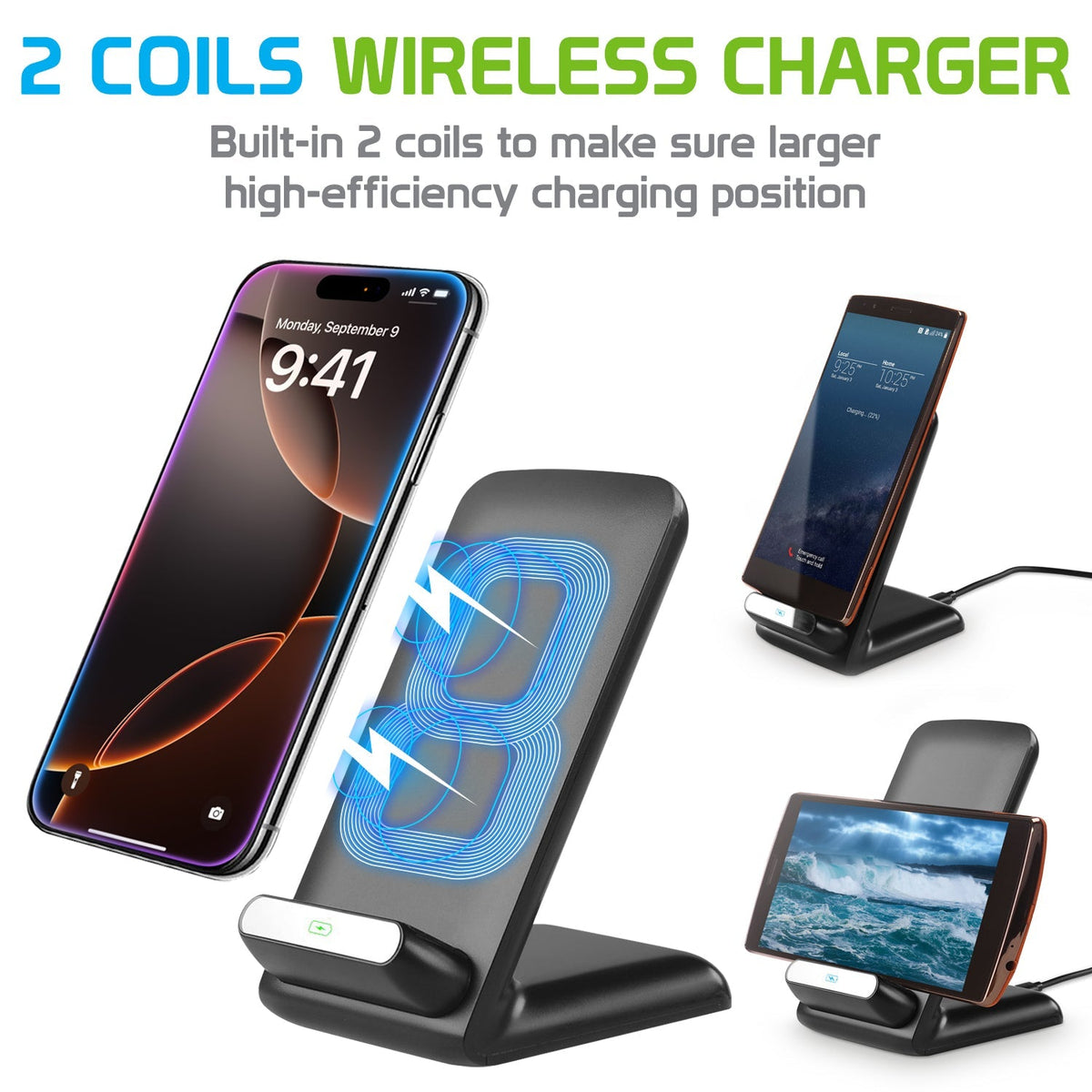 QI700 - 2 Coil Qi Wireless Charger (10Watt/2.1Amp), Wireless Charging Stand for All Wireless (Qi) Enabled Devices – by Cellet - Black