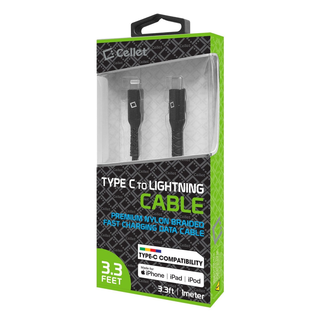 DCL40BK - USB Type C to MFI Lightning Data Cable, Cellet 3.3ft Braided USB Type C to Lighting Data Cable Compatible to Type C and Lightning Devices