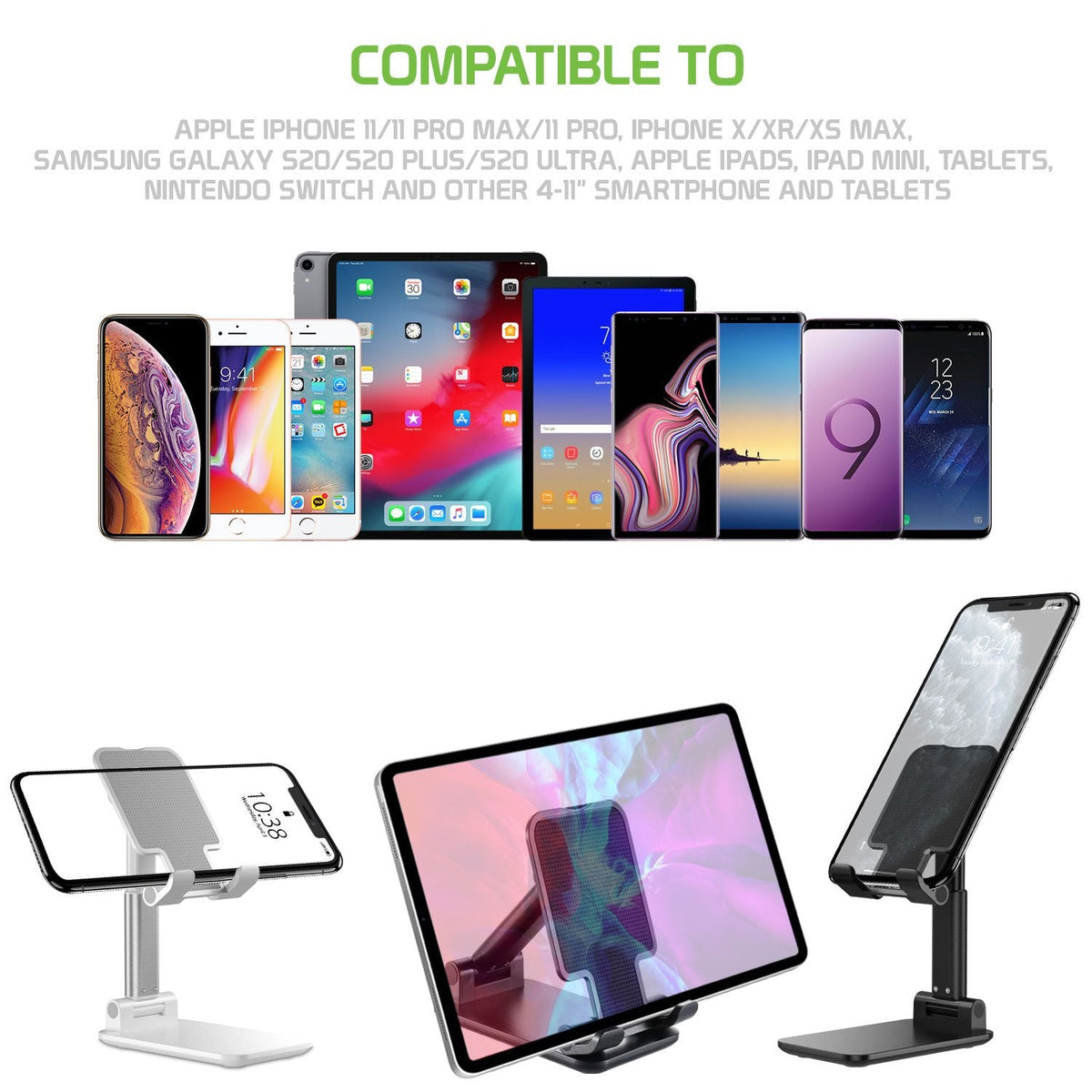PH60WT - Adjustable Desktop Smartphone and Tablet Stand with Non-Slip Rubberized Grips and Weighted Base Compatible to Smartphones, Tablets, iPads