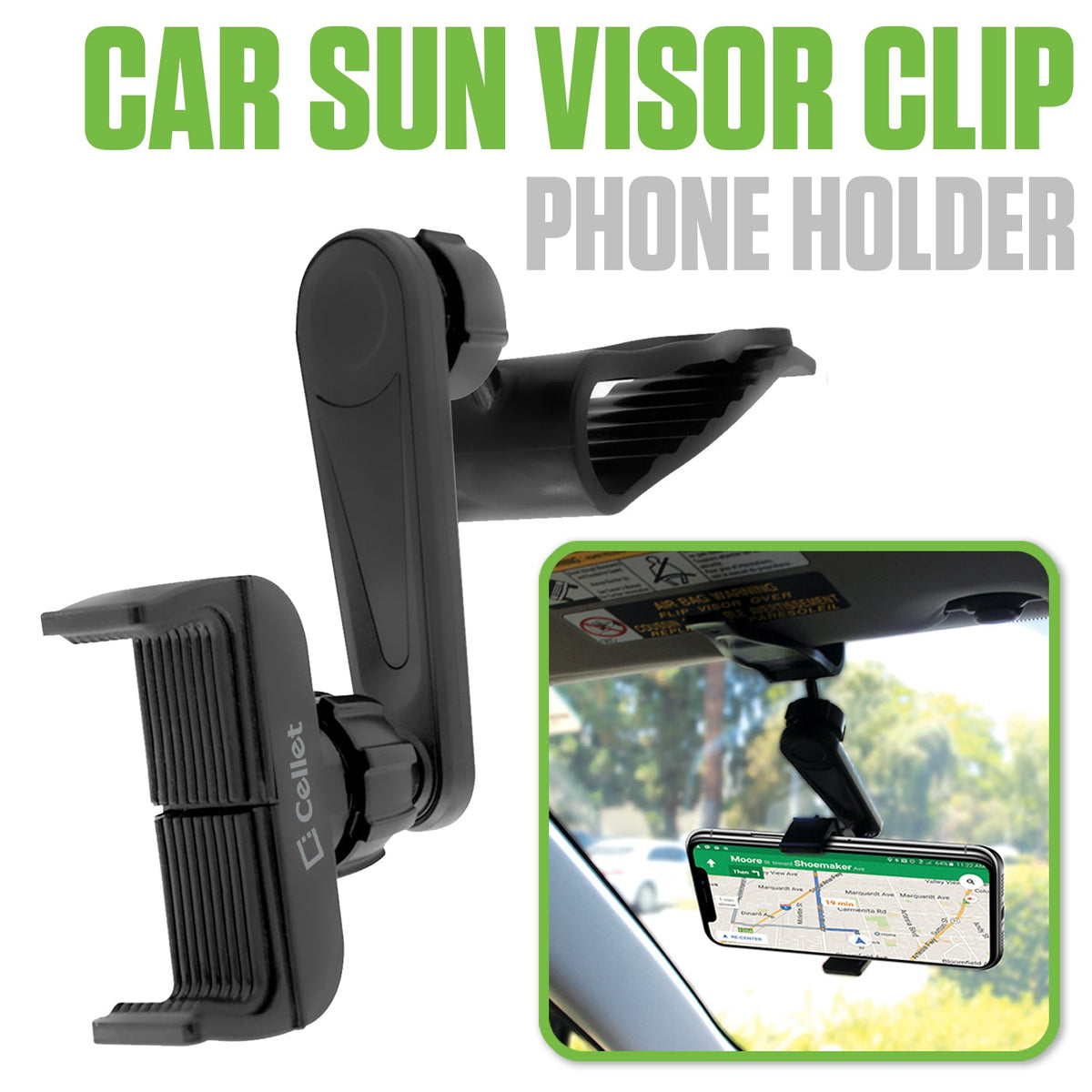 PH710 - Cellet Car Sun Visor Clip Phone Holder, 360° Adjustable Cradle Mount for Smartphones up to 4.7" Wide – Hands-Free GPS Navigation & Safe Driving