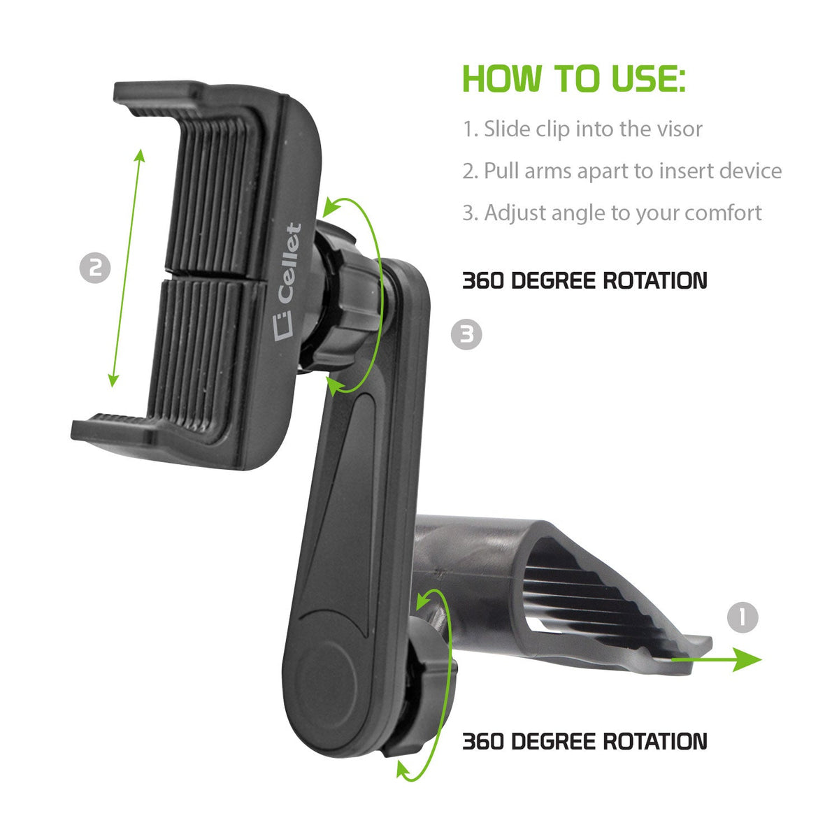 PH710 - Cellet Car Sun Visor Clip Phone Holder, 360° Adjustable Cradle Mount for Smartphones up to 4.7" Wide – Hands-Free GPS Navigation & Safe Driving