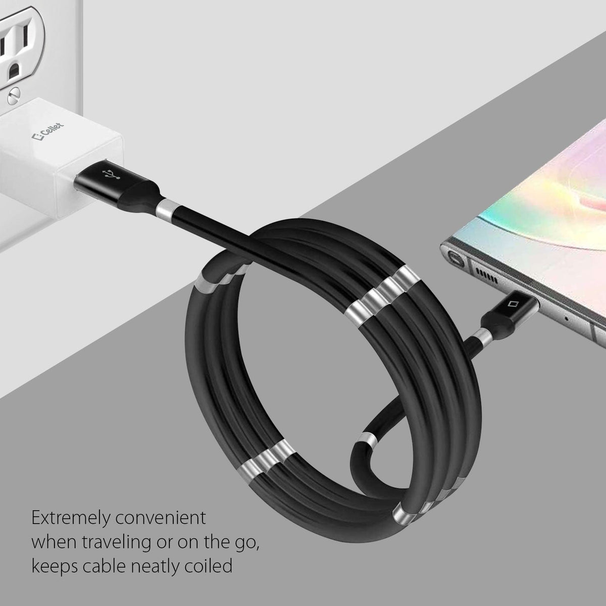 DCACOIL3BK - USB-C Charging Cable, Magnetic Self Winding, Tangle Free, USB-C to USB-A Charging and Data Cord- 3.3ft. (1m) Black
