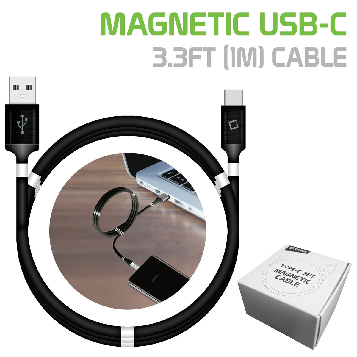 DCACOIL3BK - USB-C Charging Cable, Magnetic Self Winding, Tangle Free, USB-C to USB-A Charging and Data Cord- 3.3ft. (1m) Black