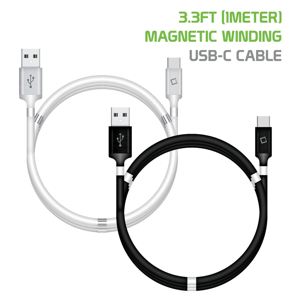 DCACOIL3BK - USB-C Charging Cable, Magnetic Self Winding, Tangle Free, USB-C to USB-A Charging and Data Cord- 3.3ft. (1m) Black
