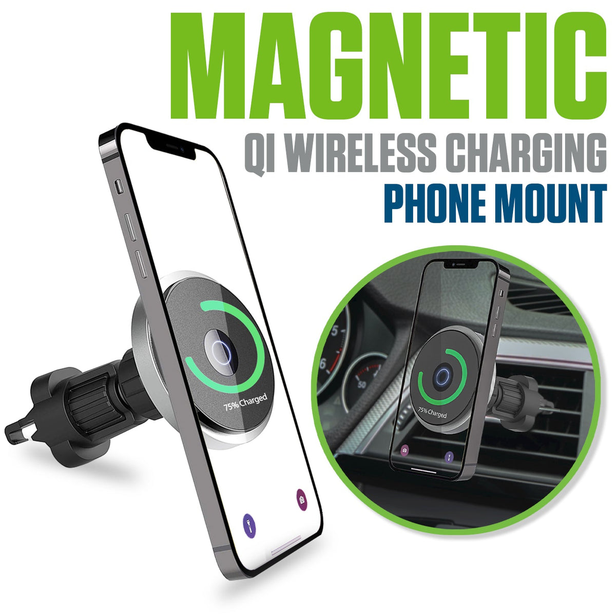 PHMAG12 - Cellet Inc. Magnetic Wireless Car Charger Mount, Fast Charging MagSafe Compatible Phone Holder for iPhone 16/15/14/13/12 Series - Air Vent Mount with Expandable Hook & Adjustable Head