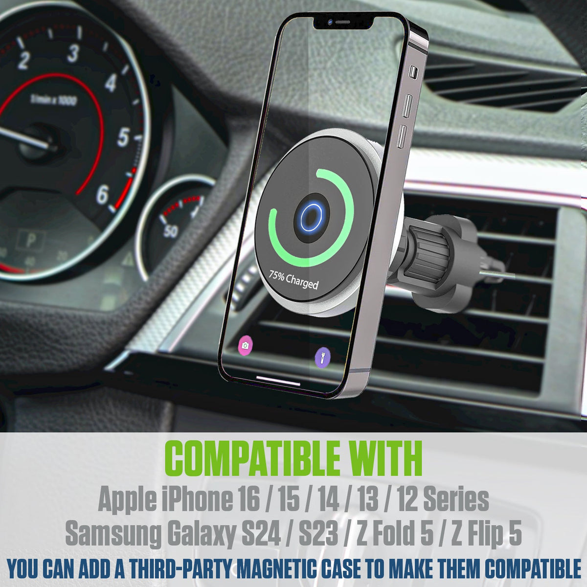 PHMAG12 - Cellet Inc. Magnetic Wireless Car Charger Mount, Fast Charging MagSafe Compatible Phone Holder for iPhone 16/15/14/13/12 Series - Air Vent Mount with Expandable Hook & Adjustable Head