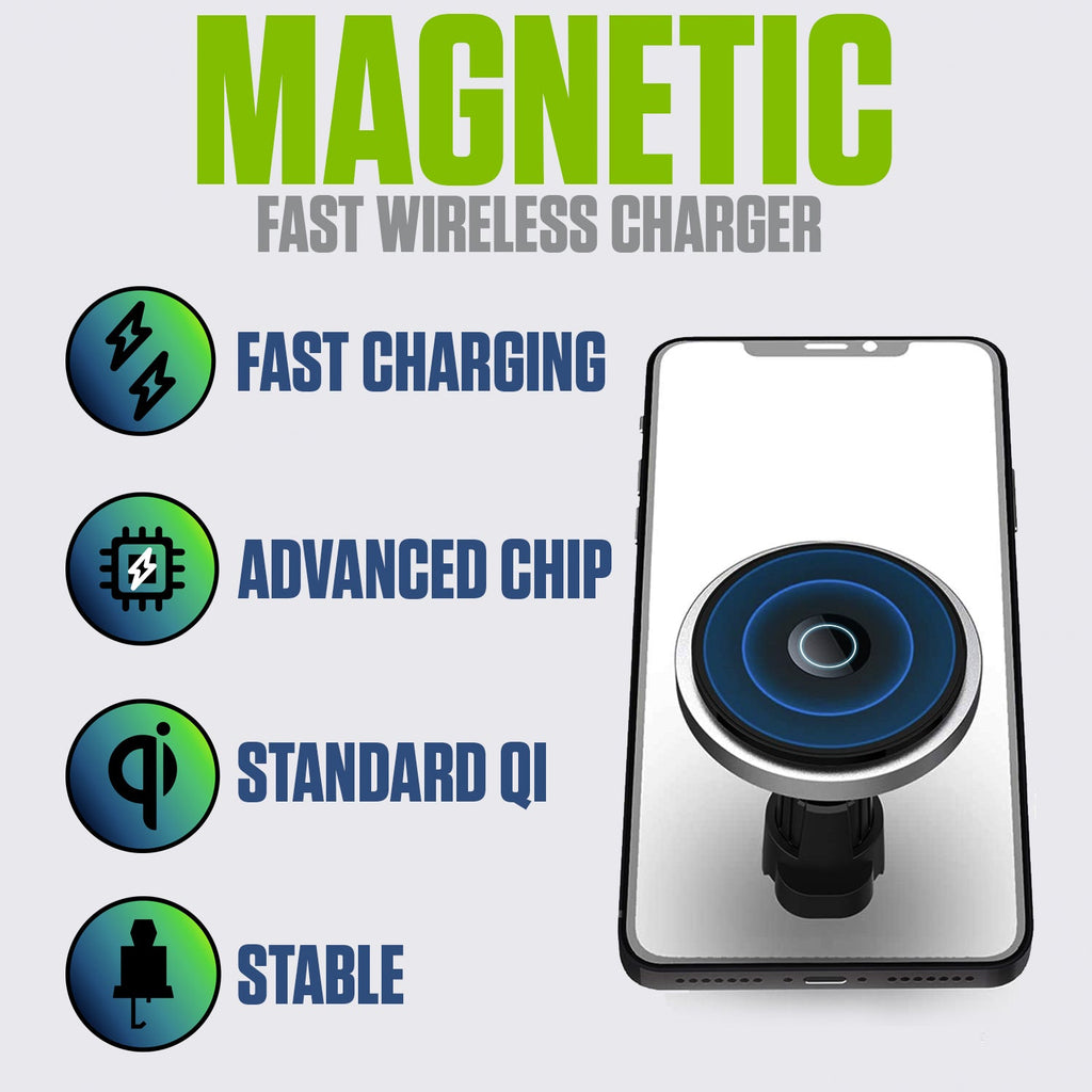 PHMAG12 - Cellet Inc. Magnetic Wireless Car Charger Mount, Fast Charging MagSafe Compatible Phone Holder for iPhone 16/15/14/13/12 Series - Air Vent Mount with Expandable Hook & Adjustable Head