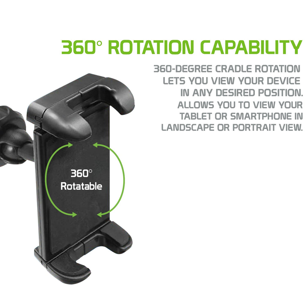 PH360 - Headrest Tablet/Smartphone iPad iPhone Holder, Mount Holder with Extendable Telescopic Arm for Apple iPad, iPhones (fits up to 10”) - Black