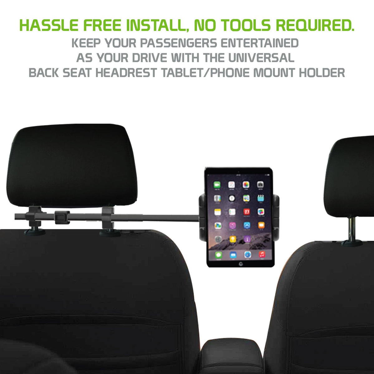 PH360 - Headrest Tablet/Smartphone iPad iPhone Holder, Mount Holder with Extendable Telescopic Arm for Apple iPad, iPhones (fits up to 10”) - Black