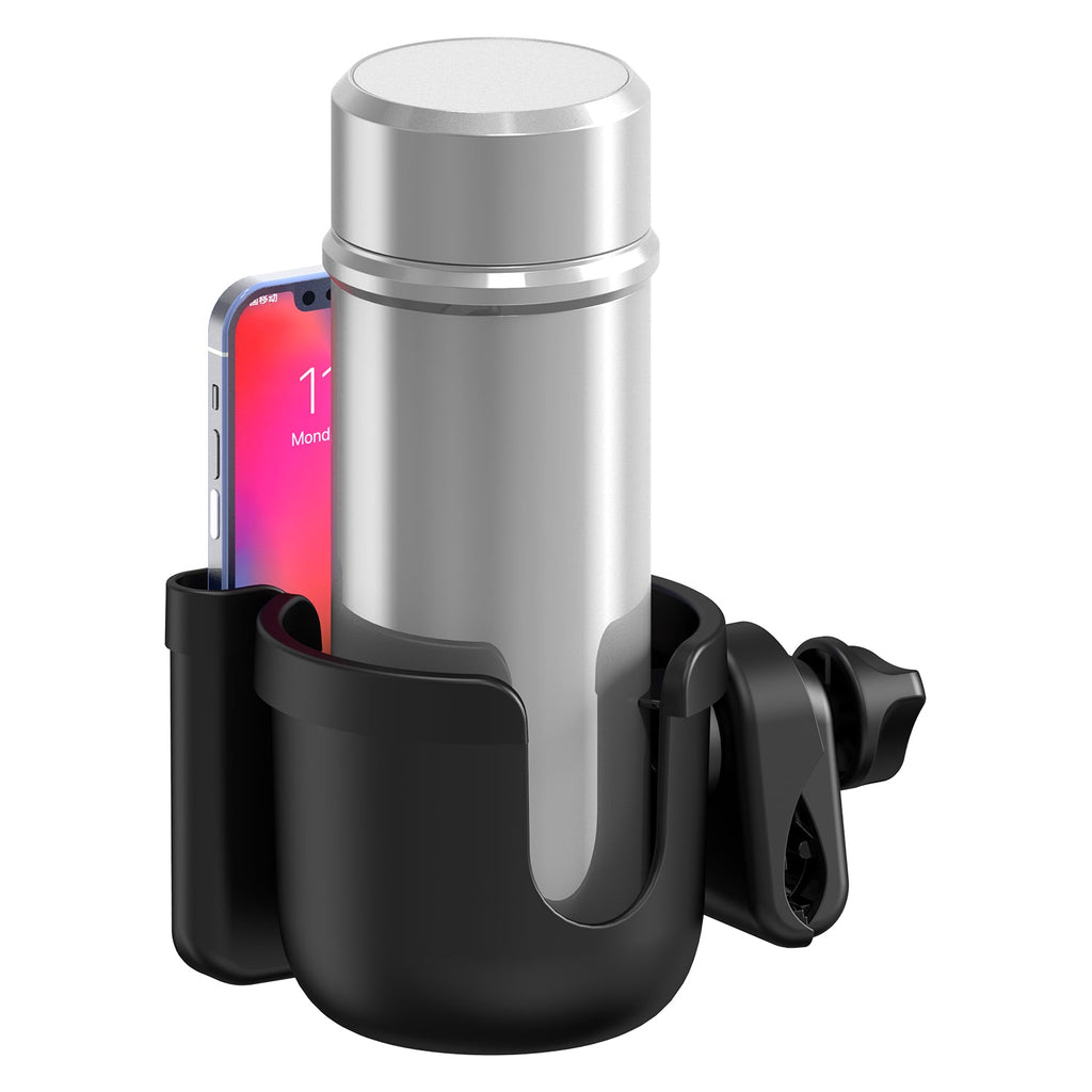 PH203CUPB - Universal Stroller Cup Holder with Phone Holder - 2-in-1 Stroller Organizer for Drinks & Smartphones - Non-Slip, 360° Rotatable Cup Holder for Strollers, Wheelchairs, Walkers, Bikes - Fits Most Phones