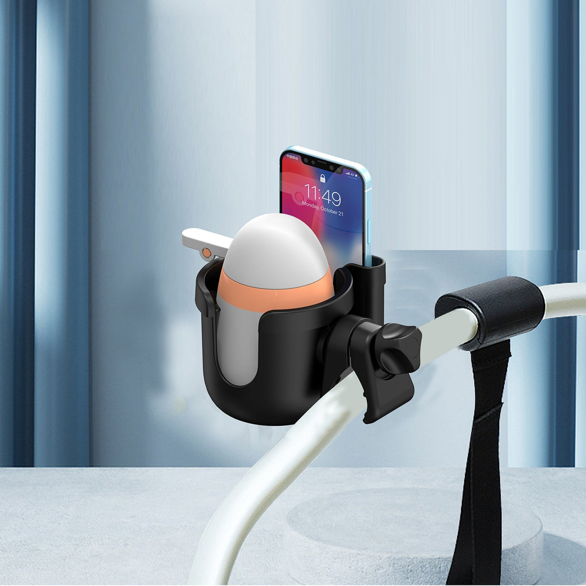 PH203CUPB - Universal Stroller Cup Holder with Phone Holder - 2-in-1 Stroller Organizer for Drinks & Smartphones - Non-Slip, 360° Rotatable Cup Holder for Strollers, Wheelchairs, Walkers, Bikes - Fits Most Phones