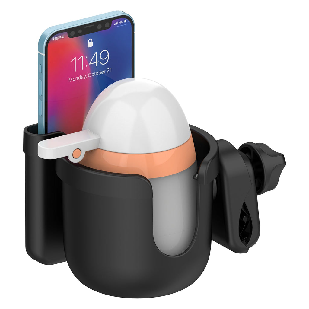 PH203CUPB - Universal Stroller Cup Holder with Phone Holder - 2-in-1 Stroller Organizer for Drinks & Smartphones - Non-Slip, 360° Rotatable Cup Holder for Strollers, Wheelchairs, Walkers, Bikes - Fits Most Phones