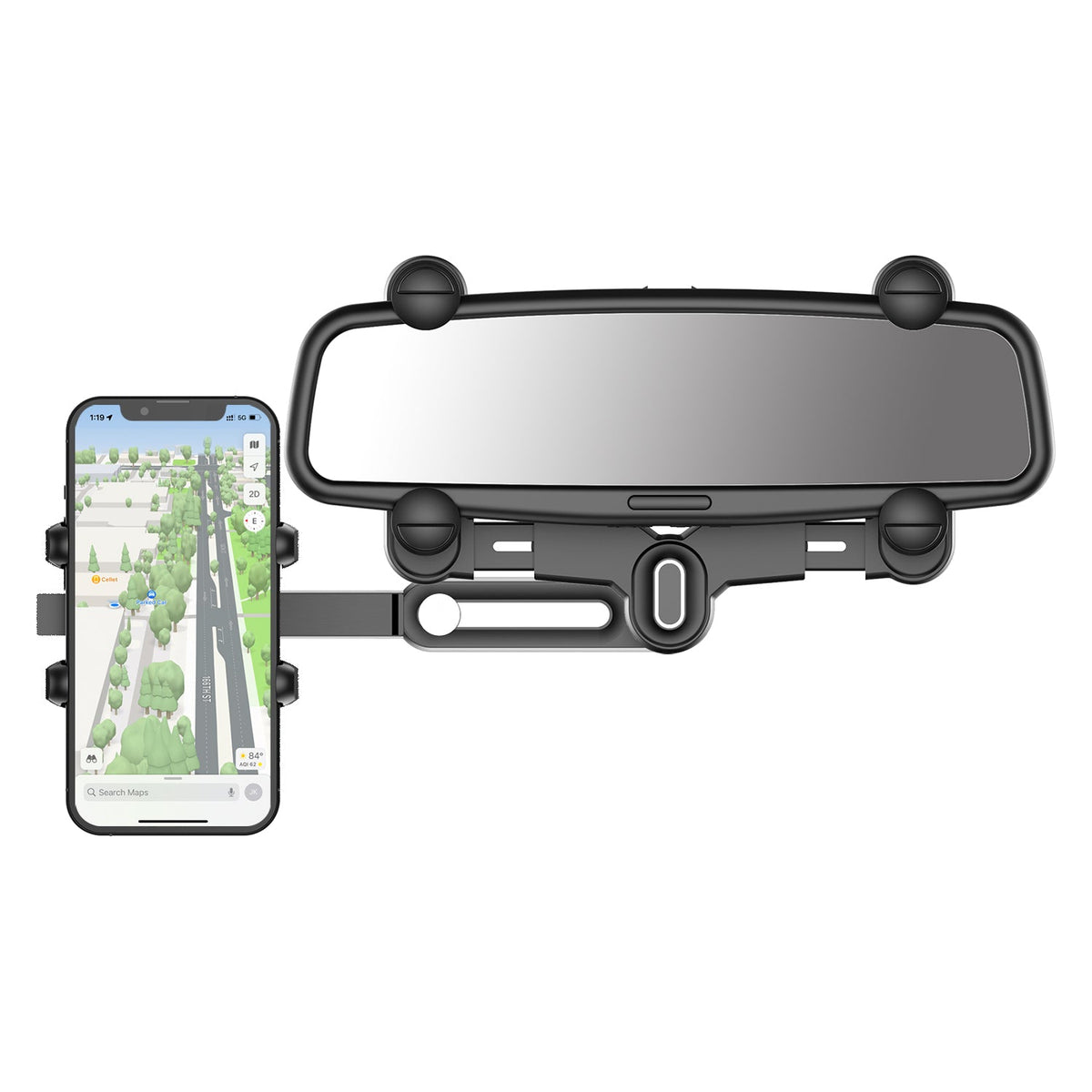 PHMIR5 -  Cellet Rear-View Mirror Phone Mount – 360° Rotation Car Holder for iPhone 15 14 13 Pro Max, Samsung Galaxy S24 S23 Ultra, Adjustable Fit 2.3”-3.75”, Hands-Free GPS Navigation