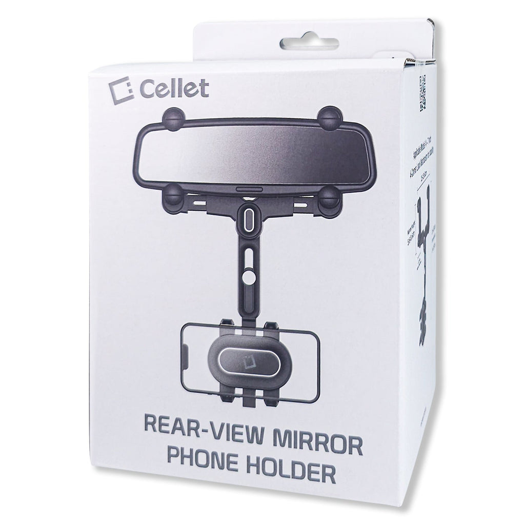PHMIR5 -  Cellet Rear-View Mirror Phone Mount – 360° Rotation Car Holder for iPhone 15 14 13 Pro Max, Samsung Galaxy S24 S23 Ultra, Adjustable Fit 2.3”-3.75”, Hands-Free GPS Navigation