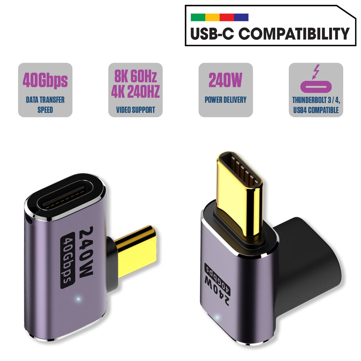 DCCADT - Cellet 90° Right Angle USB-C Adapter (2-Pack), 240W PD Fast Charging, 40Gbps Data Transfer, 4K@240Hz Video Output, USB4/Thunderbolt 3 & 4 Compatible, USB-C Male to Female Connector
