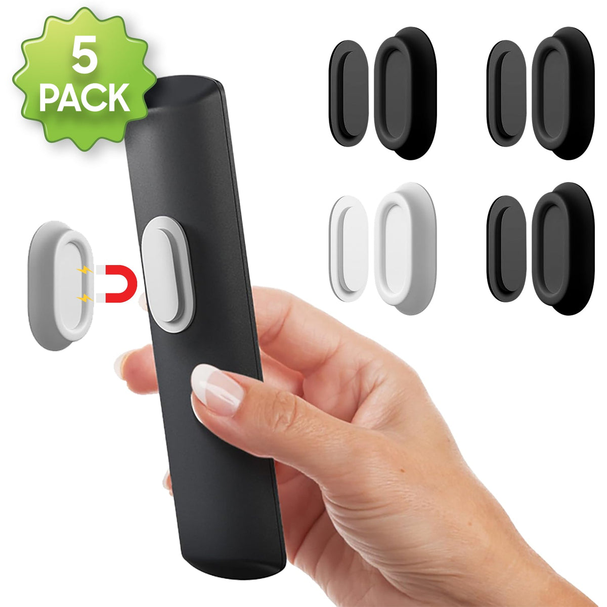 ACMR5 - Magnetic Remote Control Holder Wall Mount, 5 Pack Strong N52 Magnet Remote Organizer, Adhesive Mount for TV Remote, Air Conditioner, Fan, Game Controller & Home Gadgets – Black/Gray/White