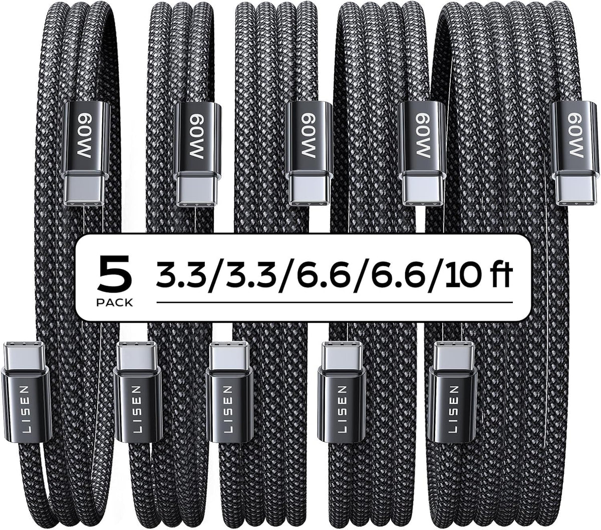 LISEN USB C Cable, 5-Pack [3.3/3.3/6.6/6.6/10FT]