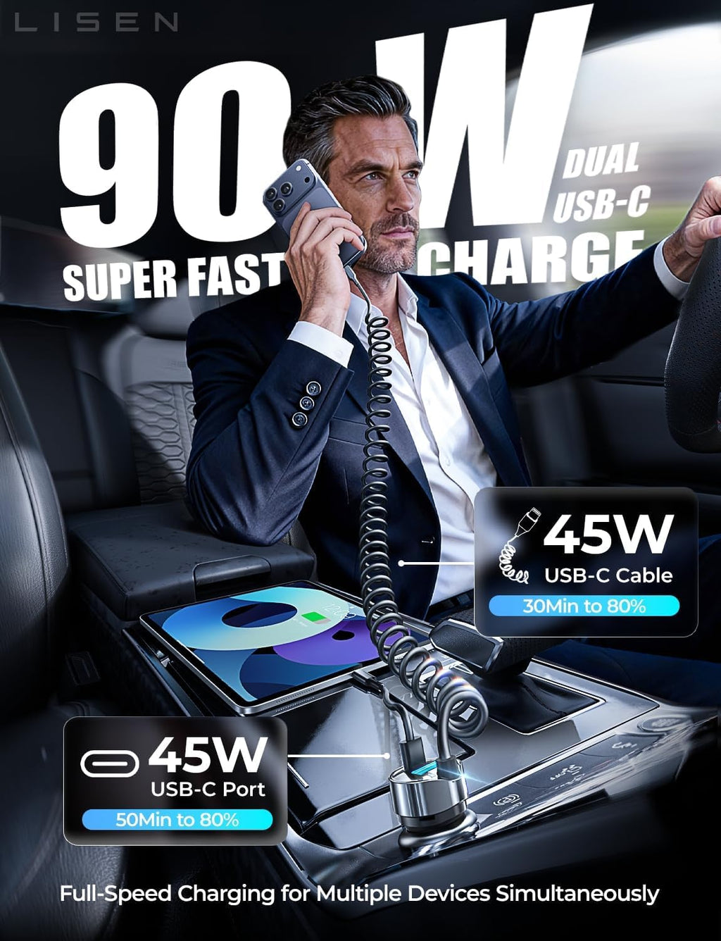 LISEN 90W USB-C Fast Car Charger