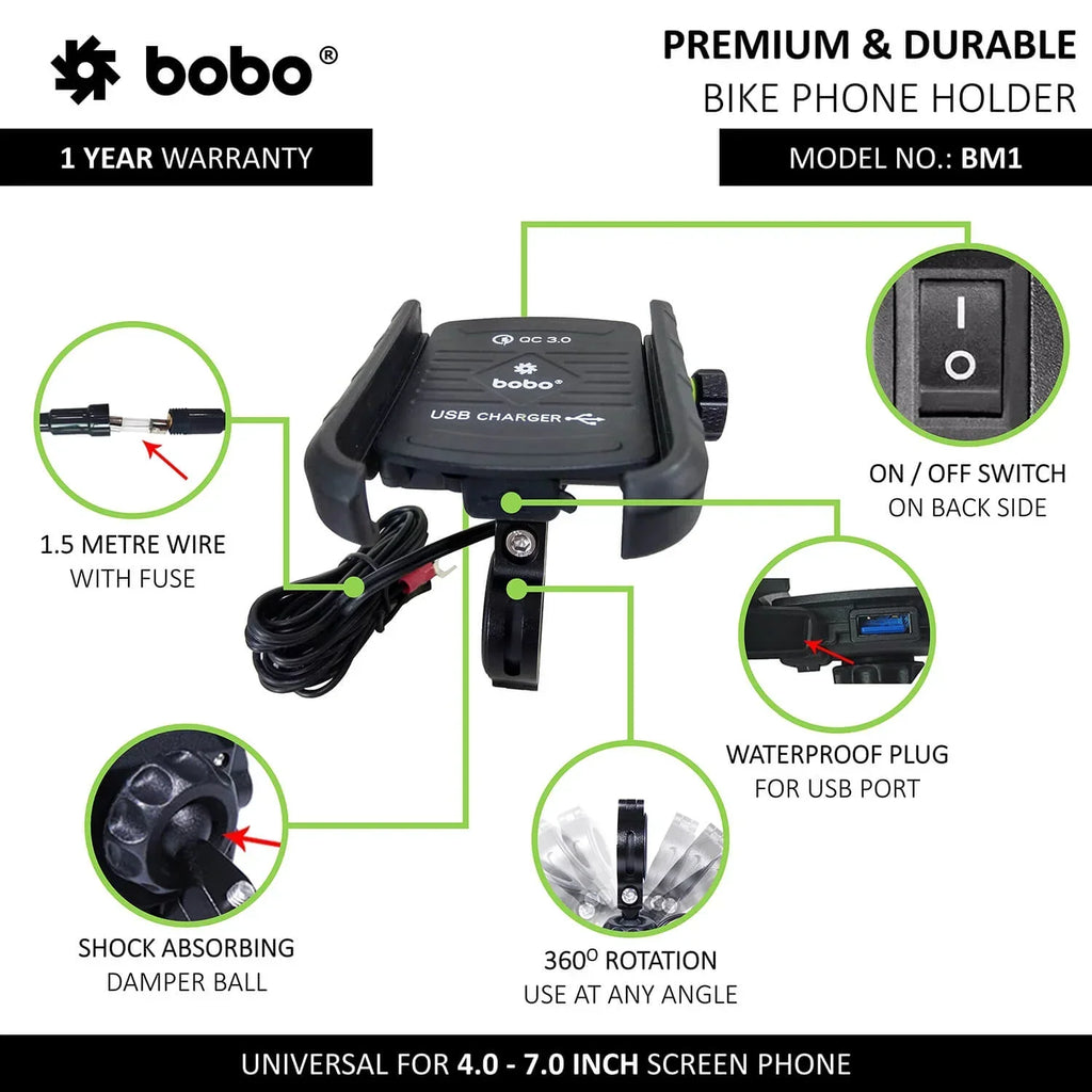 BOBO BM1 Phone Mount with USB 3.0 Fast charger