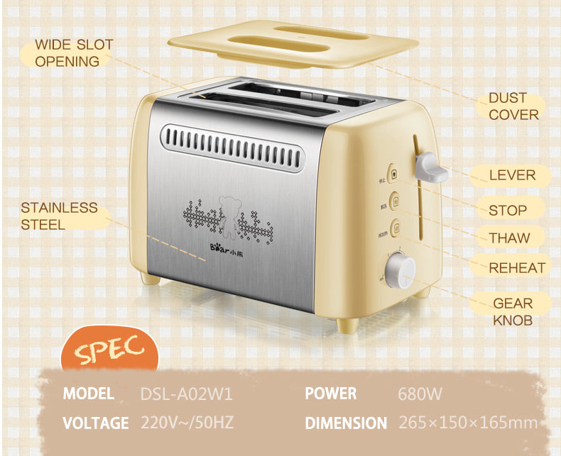 Bear 2 Slice Pop-up Bread Toaster (DSL-A02W1)