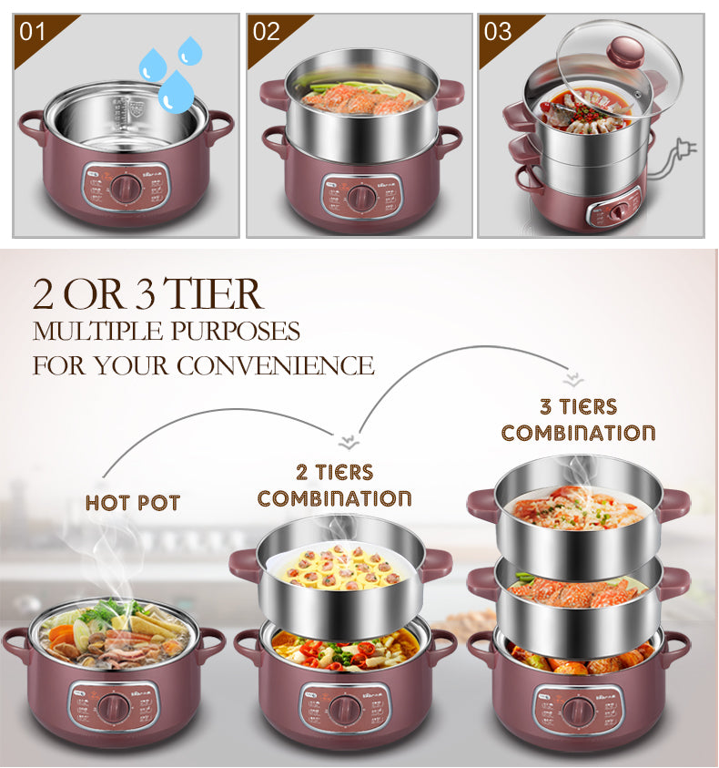 Bear 2in1 Steamer & Steamboat 2 Tier Stainless Steel convenient Steamer 8.0L 800Watt , Food Steamer(DZG-D80A1)