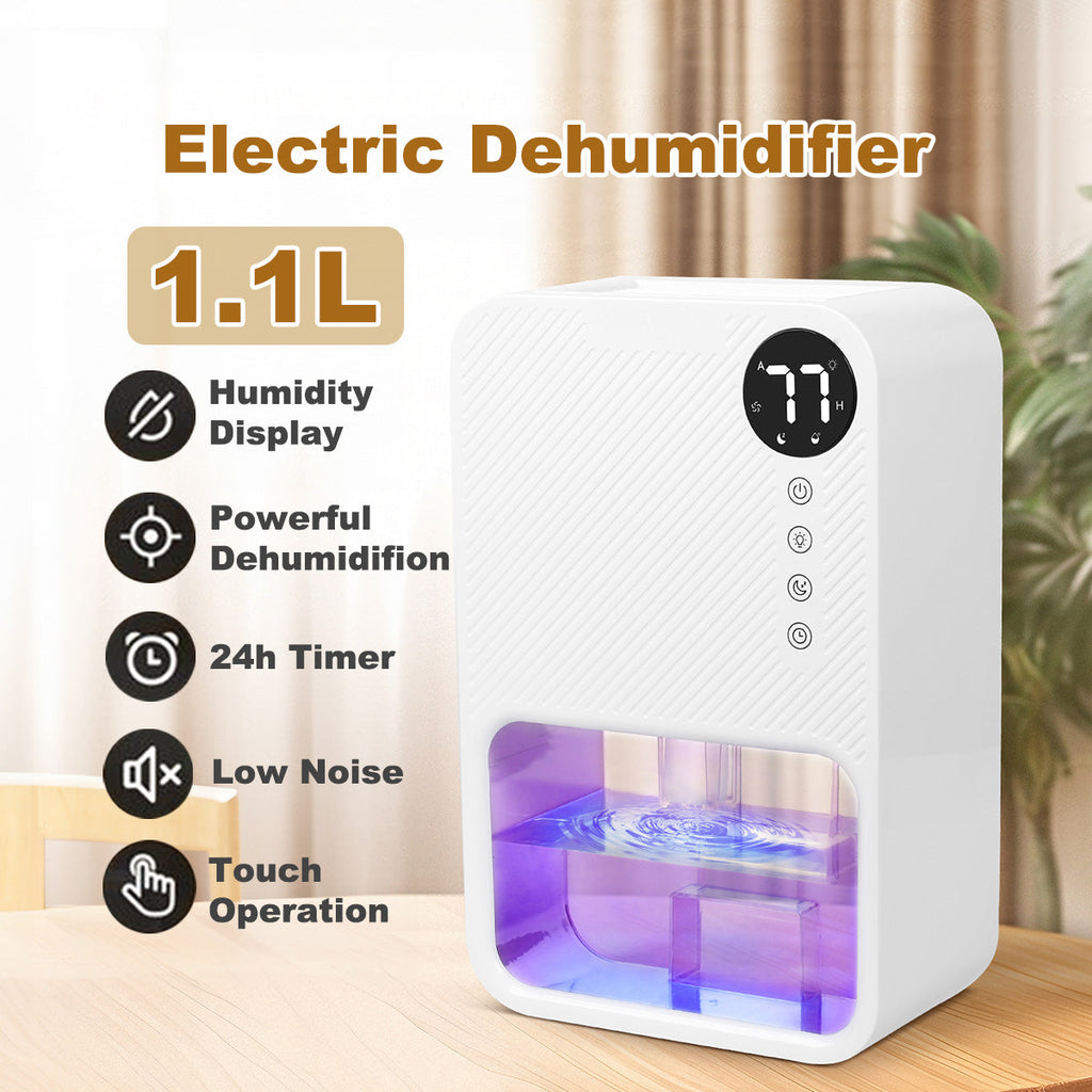 iFan 1.1L Electric Mini Dehumidifier Thirsty Hippo – Full Tank Auto OFF, Humidity Display, 7 LED, Timer, quiet, white, IF3252