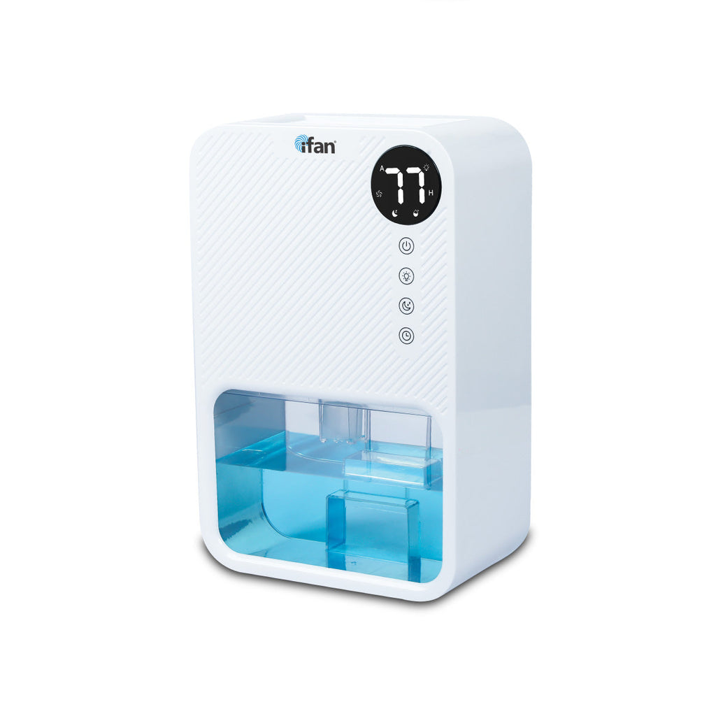 iFan 1.1L Electric Mini Dehumidifier Thirsty Hippo – Full Tank Auto OFF, Humidity Display, 7 LED, Timer, quiet, white, IF3252