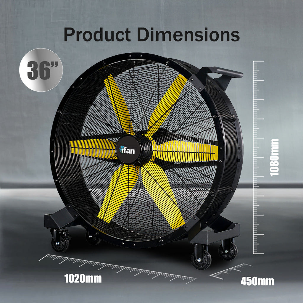 iFan 36” Big Industrial Drum Fan - Powerful, Direct-drive Motor, 6 Blades, Portable, Wheels (IF3622)
