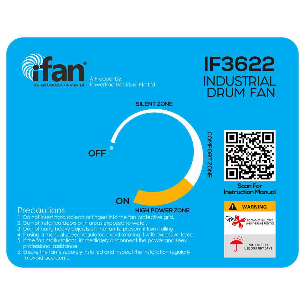 iFan 36” Big Industrial Drum Fan - Powerful, Direct-drive Motor, 6 Blades, Portable, Wheels (IF3622)