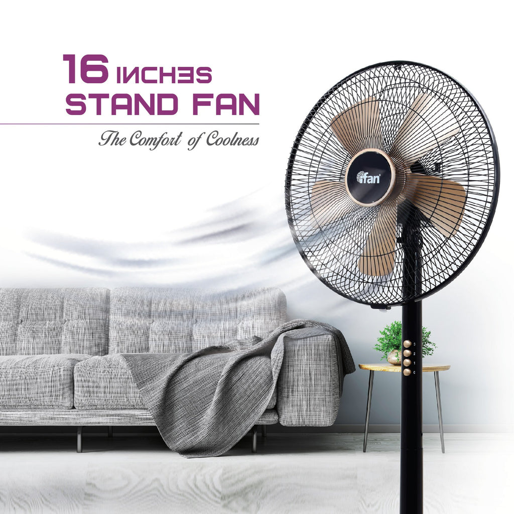 iFan 16" Stand Fan – 5 Blades, Turbo Fan, Vortex Airflow, Adjustable Tilt, Oscillation, Energy-saving, 3-Speed, black, IF401