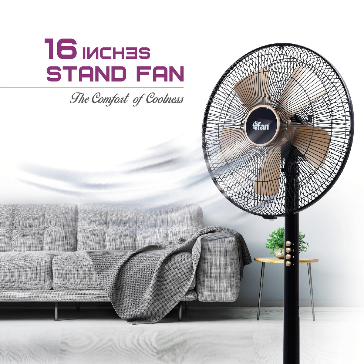 iFan 16" Stand Fan – 5 Blades, Turbo Fan, Vortex Airflow, Adjustable Tilt, Oscillation, Energy-saving, 3-Speed, black, IF401