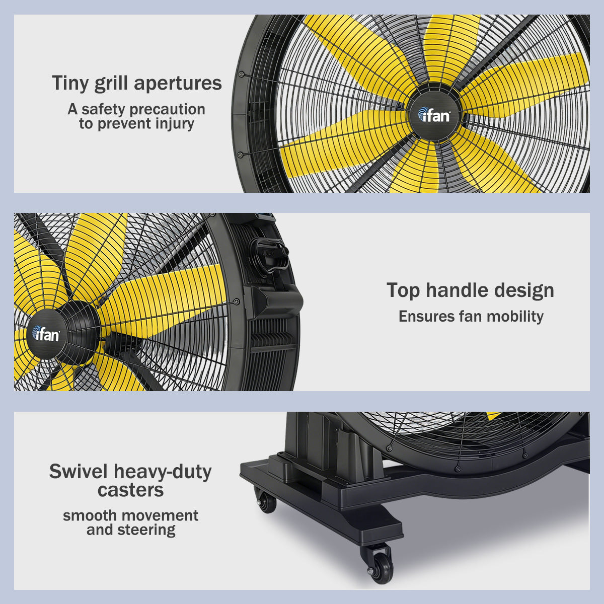 iFan 48” Big Industrial Drum Fan - Powerful, Direct-drive Motor, 6 Blades, Portable, Wheels (IF4822)