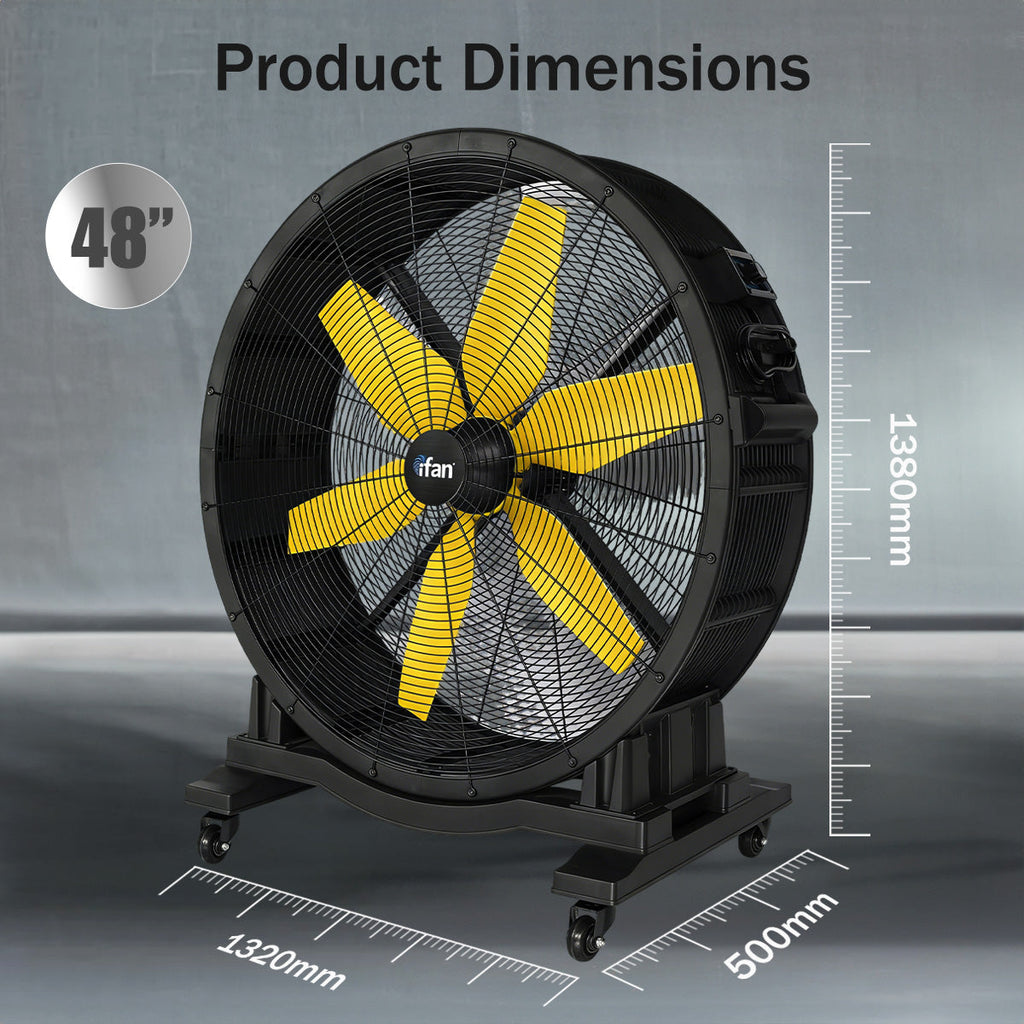 iFan 48” Big Industrial Drum Fan - Powerful, Direct-drive Motor, 6 Blades, Portable, Wheels (IF4822)