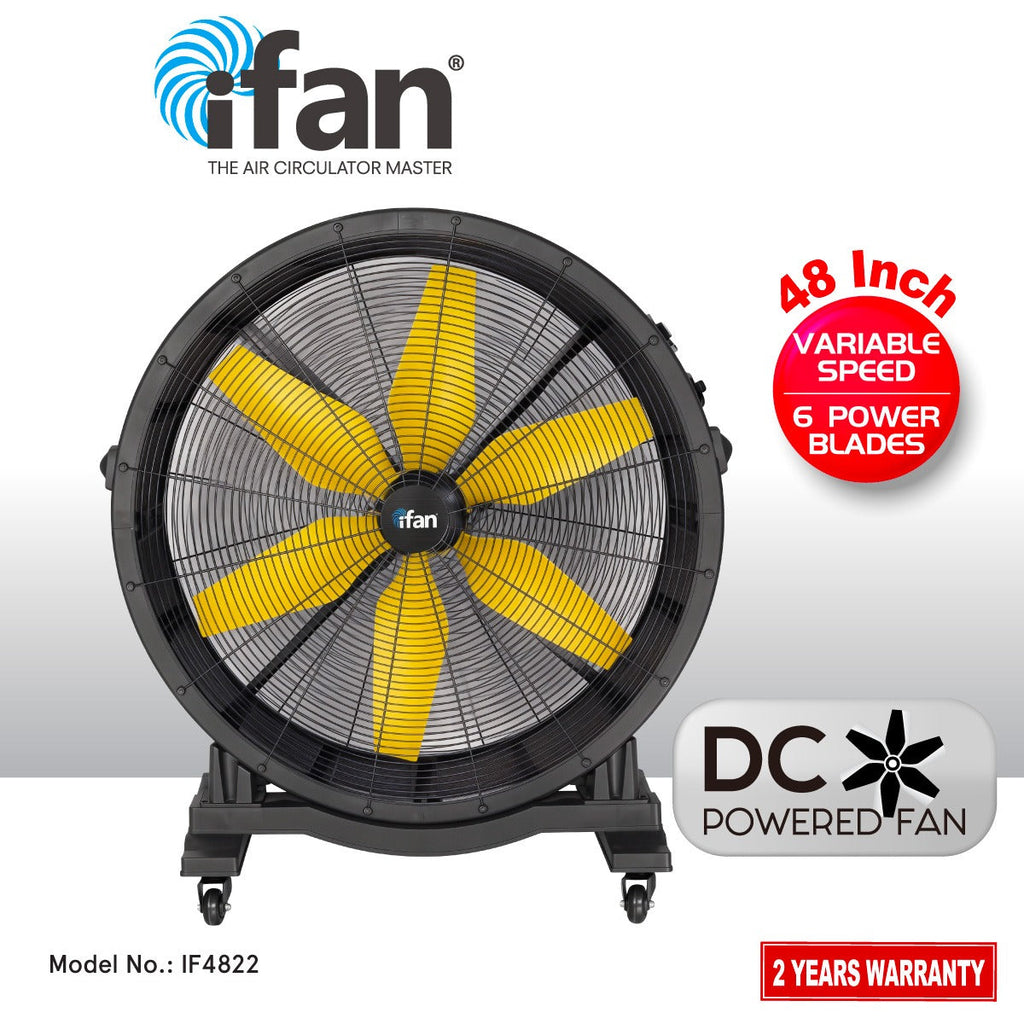 iFan 48” Big Industrial Drum Fan - Powerful, Direct-drive Motor, 6 Blades, Portable, Wheels (IF4822)