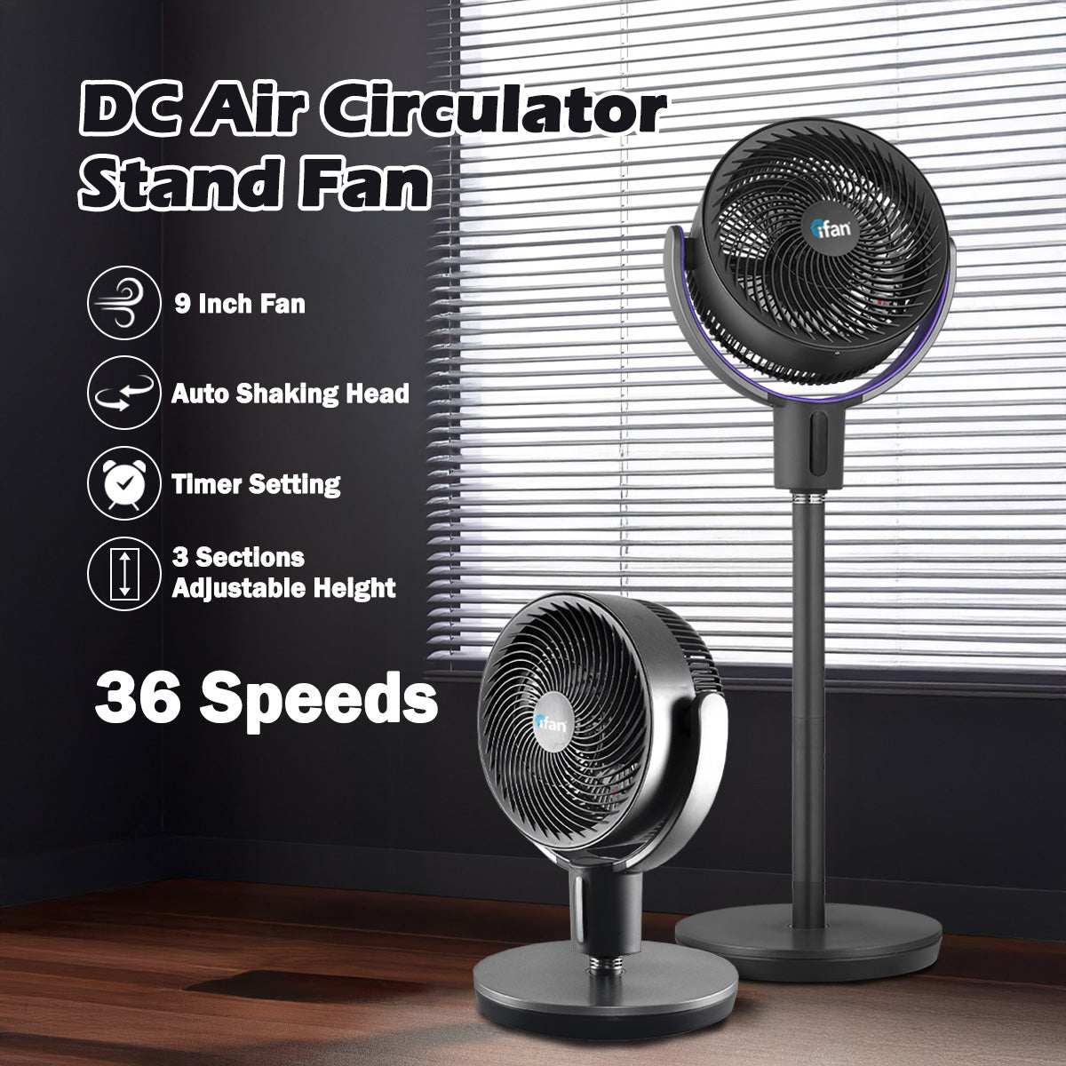 [CLIMATE VOUCHER $400] iFan 9” DC Motor Stand Fan – Remote Control, 180° Tilt, Oscillation, Timer, 3-Adjustable Height, LED Screen, Touch Control, 36-Speed, grey, IF7456