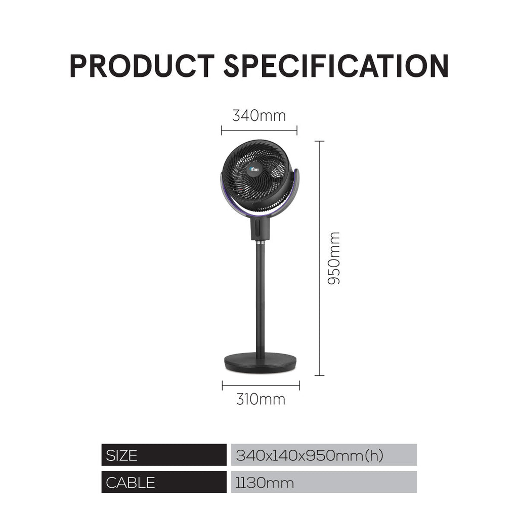 [CLIMATE VOUCHER $400] iFan 9” DC Motor Stand Fan – Remote Control, 180° Tilt, Oscillation, Timer, 3-Adjustable Height, LED Screen, Touch Control, 36-Speed, grey, IF7456