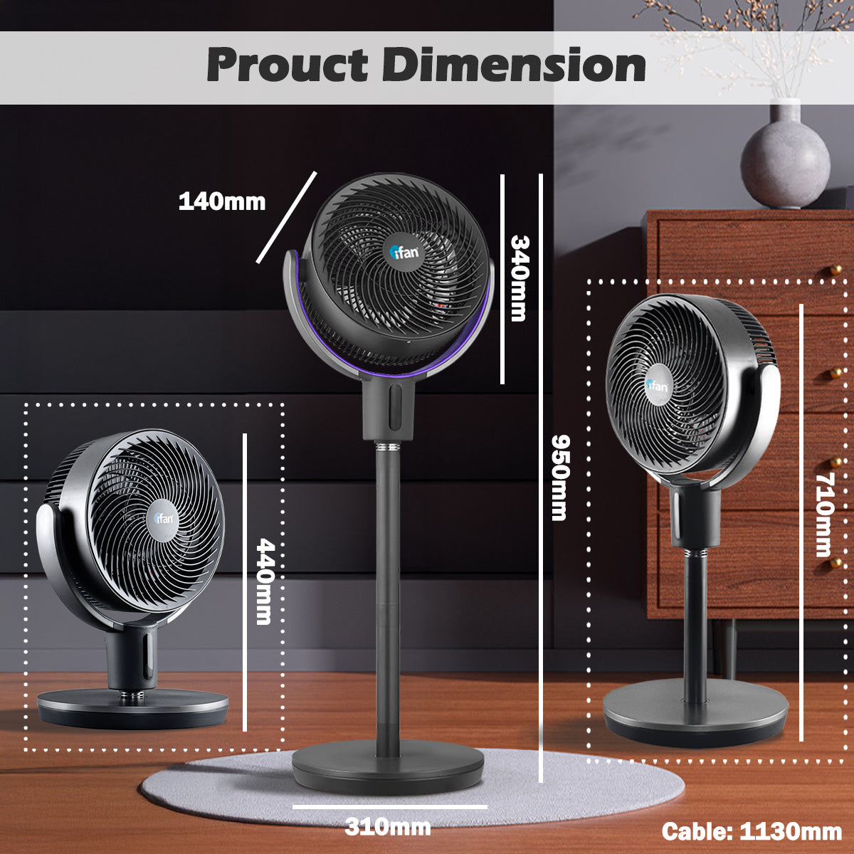 [CLIMATE VOUCHER $400] iFan 9” DC Motor Stand Fan – Remote Control, 180° Tilt, Oscillation, Timer, 3-Adjustable Height, LED Screen, Touch Control, 36-Speed, grey, IF7456