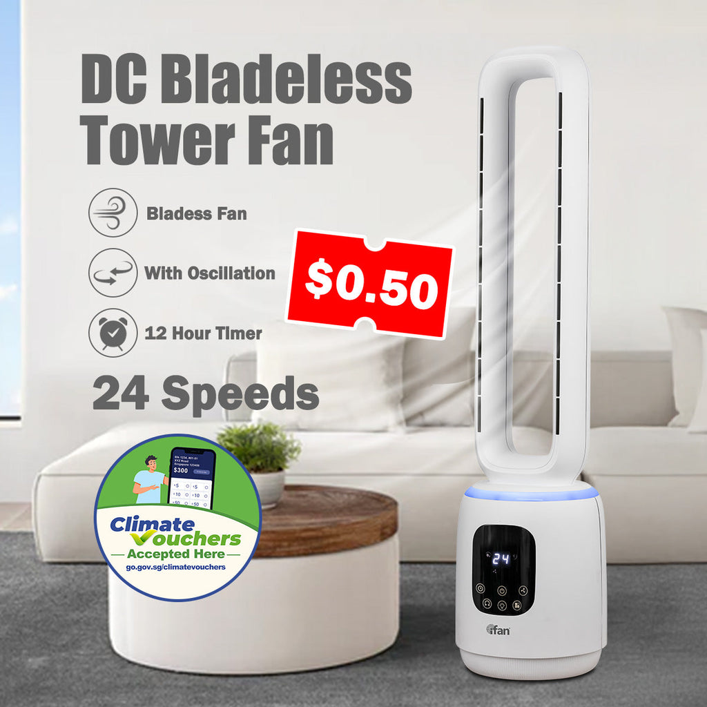 [CLIMATE VOUCHER $400] iFan DC Bladeless Tower Fan – Remote Control, Oscillation, Timer, LED Lamp, Touch-screen, 3 Modes, 24-Speed, IF7463