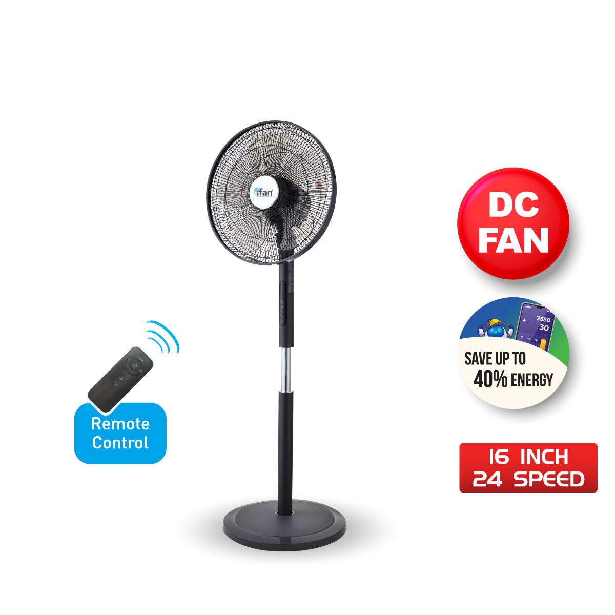 [CLIMATE VOUCHER $400] iFan 16” DC Motor Stand Fan – Remote Control, Adjustable Height & Tilt, Oscillation, Timer, LED Screen, Touch Control, 24-Speed, grey, IF7466