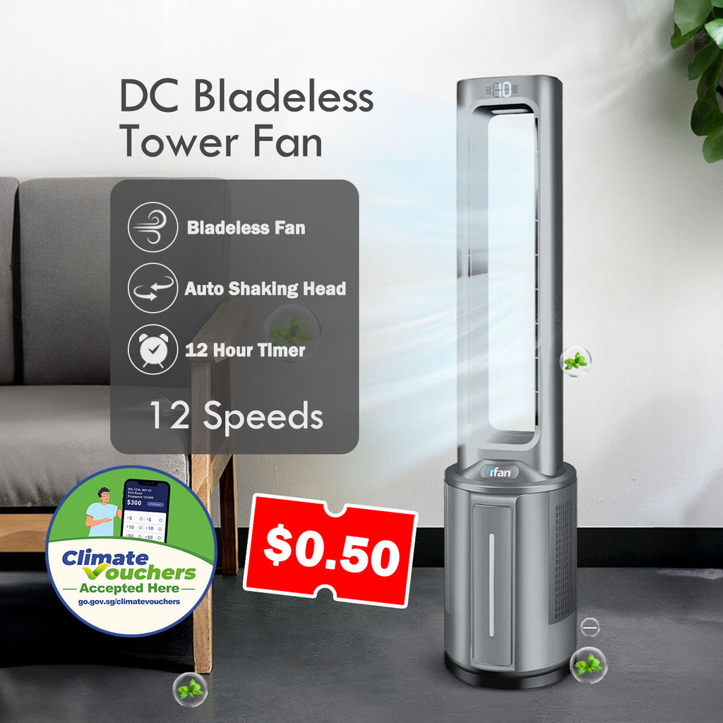 [CLIMATE VOUCHER $400] iFan DC Bladeless Tower Fan -Remote Control, Oscillation, Timer, LED Lamp, grey, IF7477